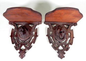 Pair Antique 19th C. Carved Walnut Lion Head Shelfs