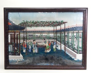 Antique Chinese Reverse Painted Courtyard Scene.