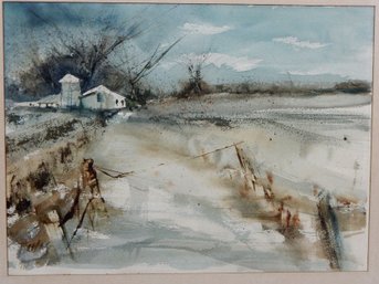 Original Vintage Watercolor Painting Winter Landscape-signed