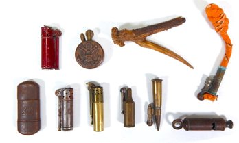 Lot Of Trench Art Cigarette Lighters And Whistle