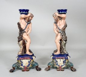 Pair Of Vintage Majolica Candlestick Ancient Strongmen Figurines