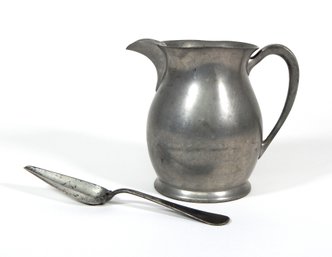 Antique W.S. Co. Pewter Pitcher And French Medicine Feeding Spoon