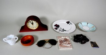 Vintage Estate Lot Of Miscellaneous Items:  Clock, Sunglasses, Milk Glass Etc.