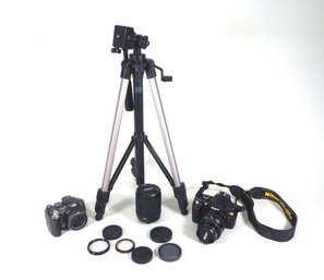 Canon & Nikon Camera Lot: Tripod, Cameras, Lenses, Filters, Caps.
