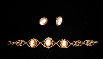 Vintage Gold Filled VAN DELL Earrings And Bracelet Cameo Set