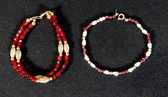 Lot 2 Vintage Stone Pearl Gold Bead Bracelets - 12k Gold GF Clasp