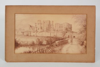 Antique Sepia Print Of Ruins & Man Walking With Rifle