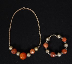 Antique Silver & Faceted Stone Bead Necklace / Bracelet Set