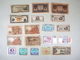 Vintage Foreign Paper Money Lot : Russia, Japan, France, Italy
