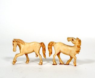 Set 2 Antique Carved Horse Figurines