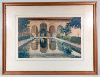 Antique Signed Medina Palace Pool Watercolor Painting