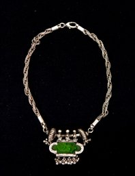 Antique Sterling Silver Green Glass Pendant Necklace