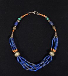 Vintage Tibetan Silver & Lapis Bead Stone Necklace
