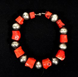 Vintage Rough Cut Red Coral & Large Silver Beads Choker
