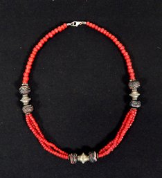 Vintage Red Stone Bead & Sterling Silver Necklace