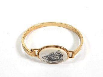 Vintage Carved Ship Scrimshaw Gold Tone Bracelet