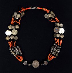 Vintage Coral & Silver Multi-Strand Oriental Necklace