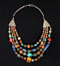 Vintage Stone & Silver Multi-Strand Oriental Necklace