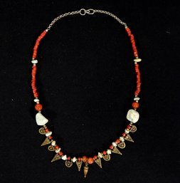 Vintage Oriental Silver, Bronze & Coral Necklace