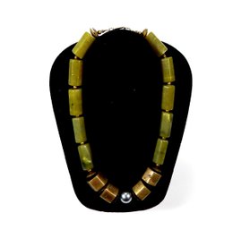 Vintage Green Stone & Brass Large Bead Necklace