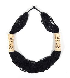 Vintage Multi-strand Black Pote Beads With Carved Bone Pipe