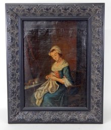 Late 18th Century Sewing Woman Oil Painting