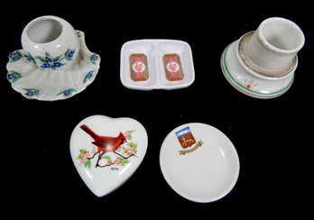 Vintage Small Porcelain Lot : Trinket Box, Match Striker, Tray