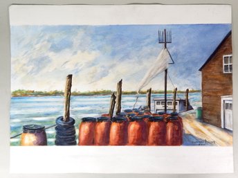 Esparza Baillet (20th Century) Fishing Docks Watercolor Of Bristol, RI