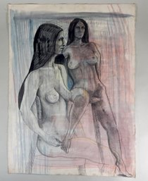 Large Signed F.E. 1972 Vintage Two Nudes Mixed Media