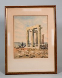 Antique Watercolor Columns Of The Parthenon, Athens -signed