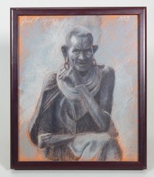 Signed Portrait Of Siting Monk Mixed Media