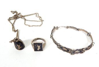 Vintage Sterling Silver Siam Dancer Set: Necklace, Bracelet & Ring