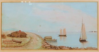 Antique 19th Painting Coastal View With Sailboats