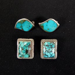 Two Pairs Turquoise & Sterling Silver Earrings
