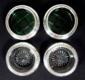 Two Sets Of Sterling Silver Clear And Green Glass Drink Coasters