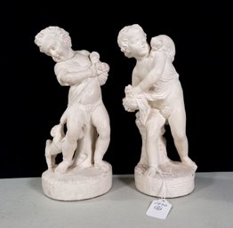 Pair Original BORGHESE Chalk-ware Boy Figures With Dog & Cat