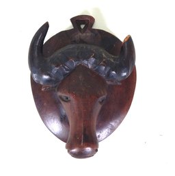 Antique Bull's Head Hand Carved Wood Plaque