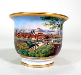 Antique 19th C. German Hand Painted City View Porcelain Cap