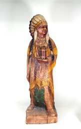 Large Vintage Painted Hollow-Cast Celluloid Cigar Store Native American Figure Holding A Cigar