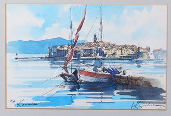 Original Signed COASTAL VIEW WITH BOAT  Watercolor