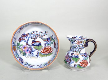 1870s Masons Flying Bird Chinoisiere Hand Painted Polychromed Transferware Wash Pitcher And Bowl Set