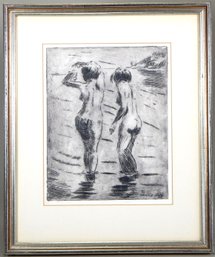 Mario Ozzi (XX Century ) Two Nudes Bathing Etching