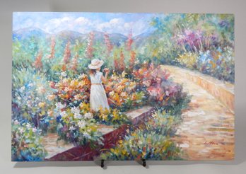 L.BOSS Girl In The Flower Garden Original Oil Painting