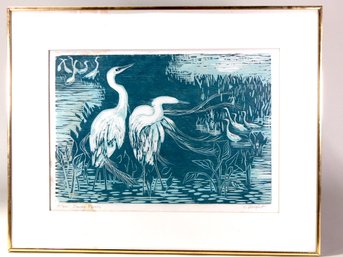 J. Wright Original Etching ' Snowy Egrets'