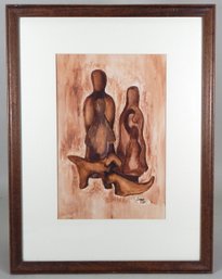 Original 1967 Watercolor Abstract Family With Kids, Dog & Cat - Signed