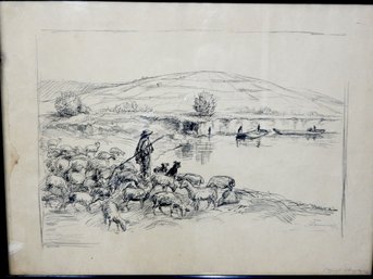 Antique Charcoal Drawing Landscape With Shepard And Sheep - Signed