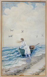 Edward R. Sisson (1828 - 1919) Woman In The Boat Watercolor Painting