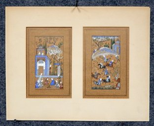 Antique Persian Diptych Hunting Scenes