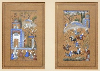 Antique Asian Diptych Hunting Scenes