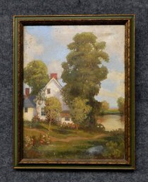 Antique House By The Lake Oil Painting - Signed